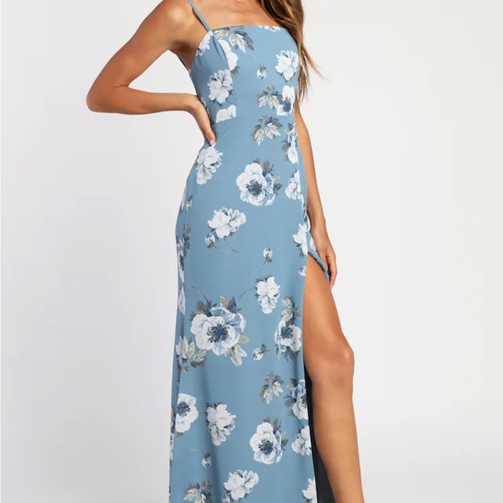 Lulu's “Feeling Elegant Slate Blue Floral Print Lace-Up Slit Maxi Dress”